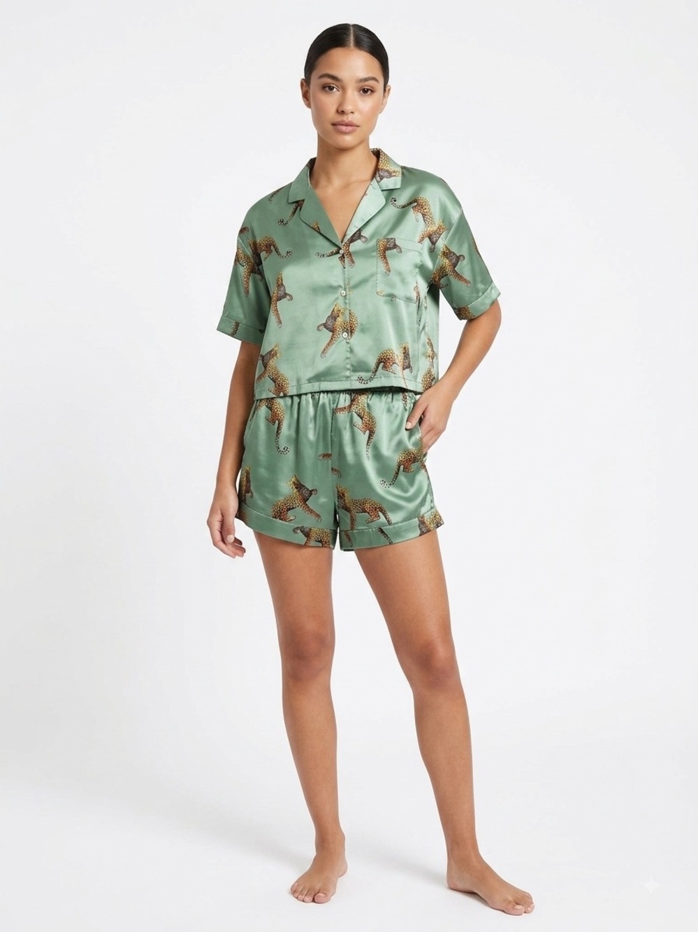 Women’s Satin Short Pajama Set in Sage Green Leopard
